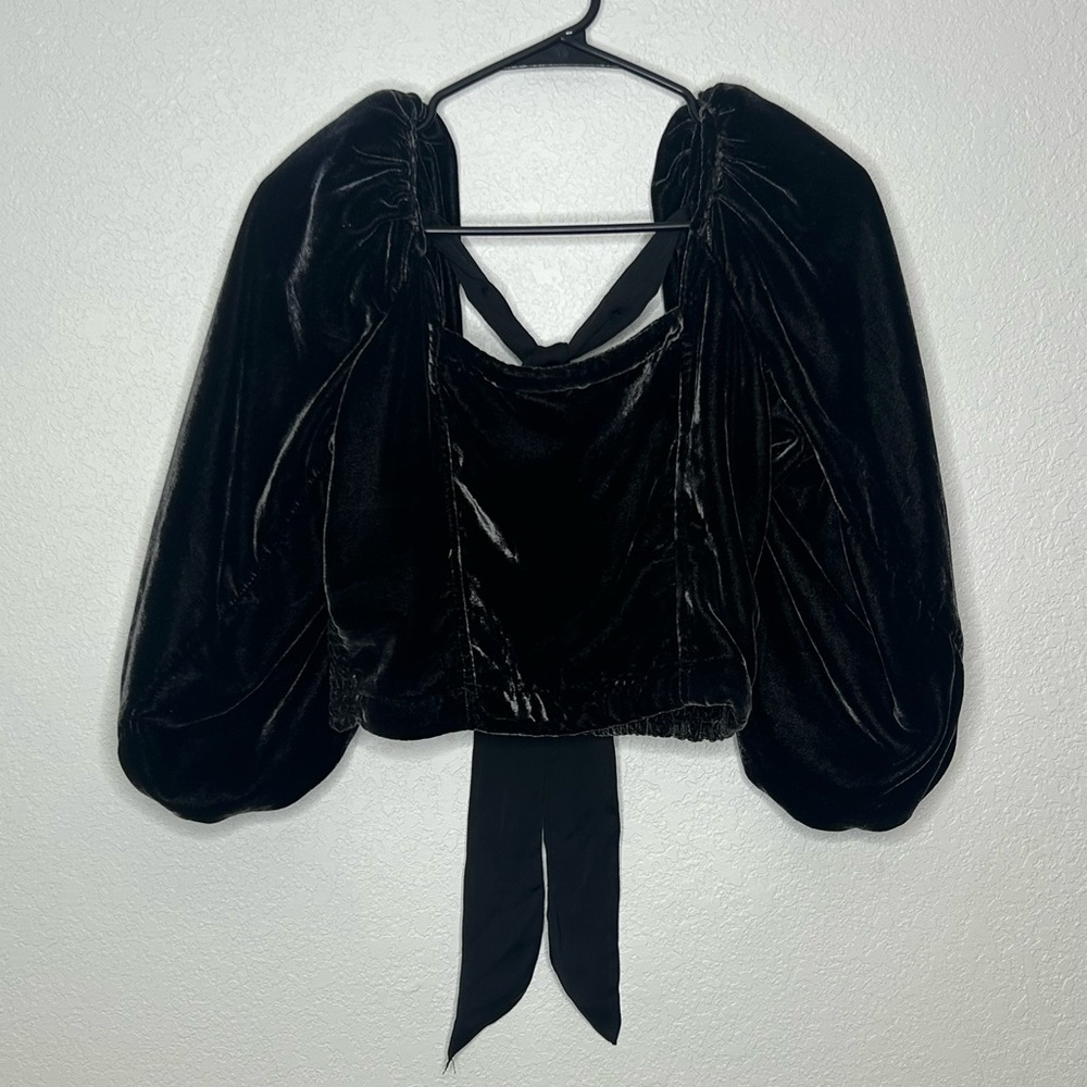 Free People Marie Black Velvet Puff Sleeve Tie-Back Blouse - Picture 6 of 13